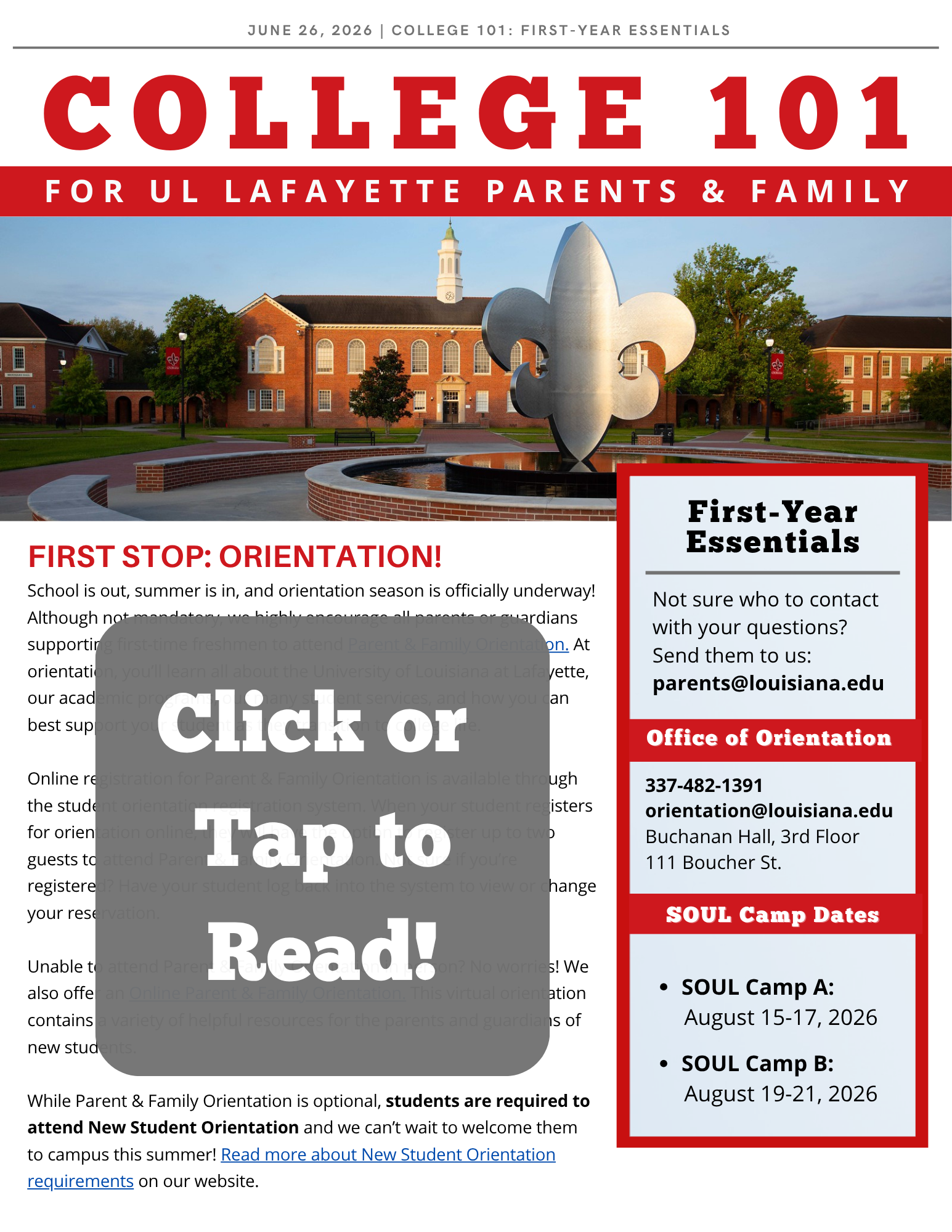 College 101: First Year Essentials thumbnail for the parent and family newsletter. 